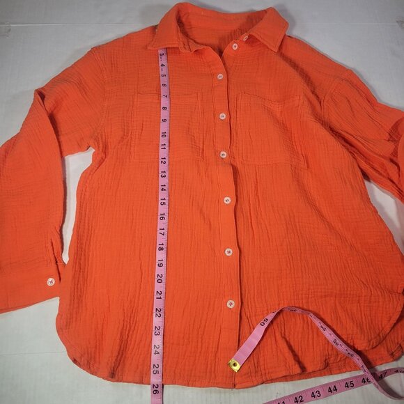 Women Orange Button-Up Shirt 100% Cotton Long Sleeve Collared Size M - Picture 6 of 9